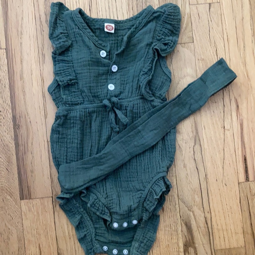 Adorable hunter green waffle knit ruffled tank onesie. Brand unknown.